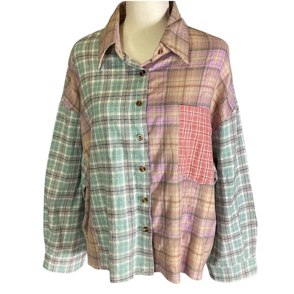 Tops - Colorblock Plaid Raw Hem Button Up Shirt Grunge Boho Oversized Size L